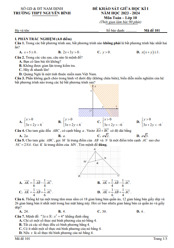 Đề giữa học kì 1 Toán 10 năm 2023 – 2024 trường THPT Nguyễn Bính – Nam Định