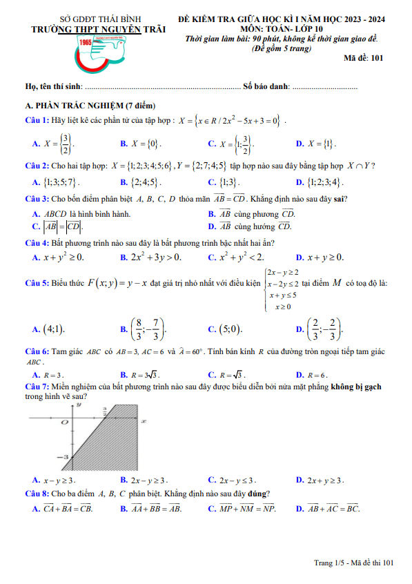 Đề giữa học kì 1 Toán 10 năm 2023 – 2024 trường THPT Nguyễn Trãi – Thái Bình