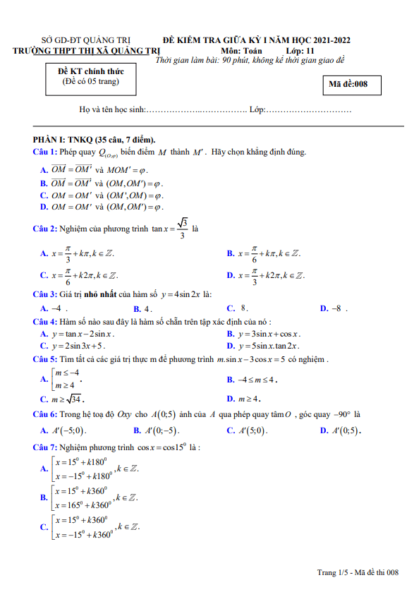 Đề giữa học kì 1 Toán 11 năm 2021 – 2022 trường THPT Thị xã Quảng Trị