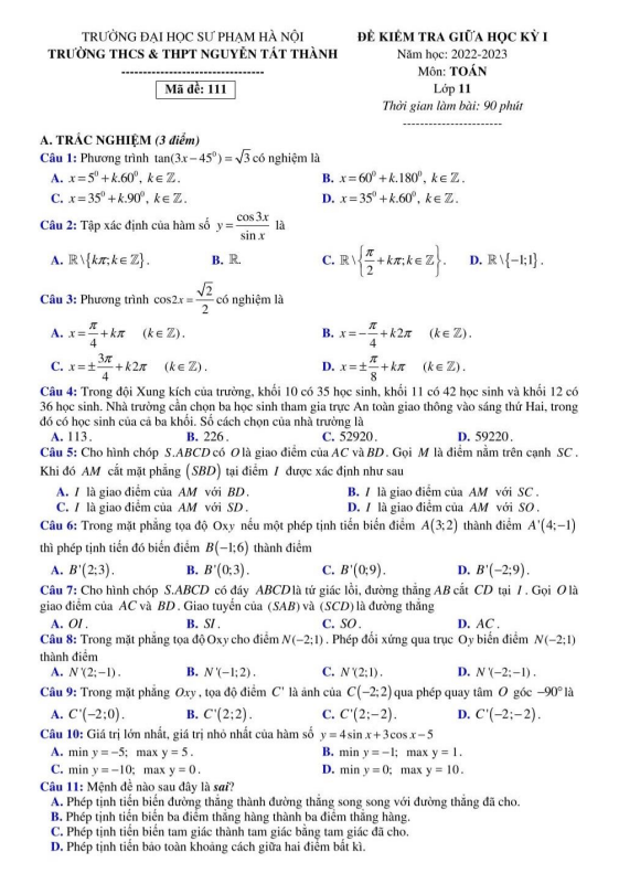 Đề giữa học kì 1 Toán 11 năm 2022 – 2023 trường Nguyễn Tất Thành – Hà Nội