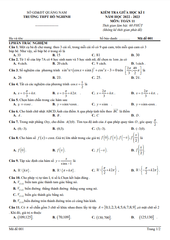 Đề giữa học kì 1 Toán 11 năm 2022 – 2023 trường THPT Hồ Nghinh – Quảng Nam