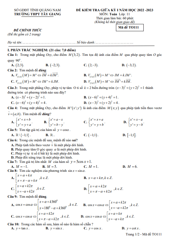 Đề giữa học kì 1 Toán 11 năm 2022 – 2023 trường THPT Tây Giang – Quảng Nam