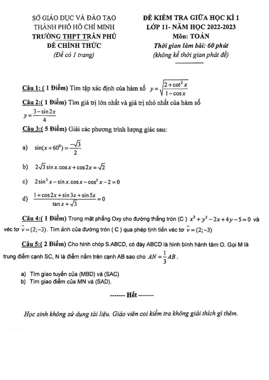 Đề giữa học kì 1 Toán 11 năm 2022 – 2023 trường THPT Trần Phú – TP HCM