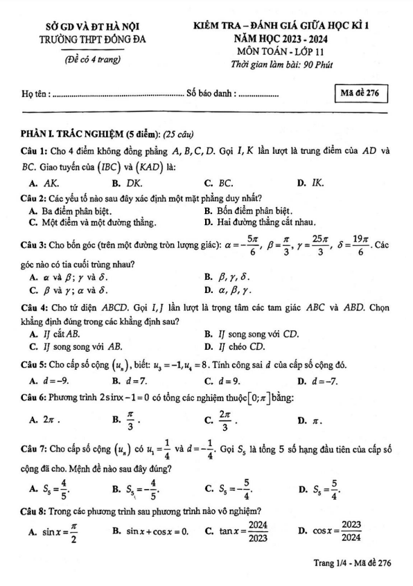 Đề giữa học kì 1 Toán 11 năm 2023 – 2024 trường THPT Đống Đa – Hà Nội