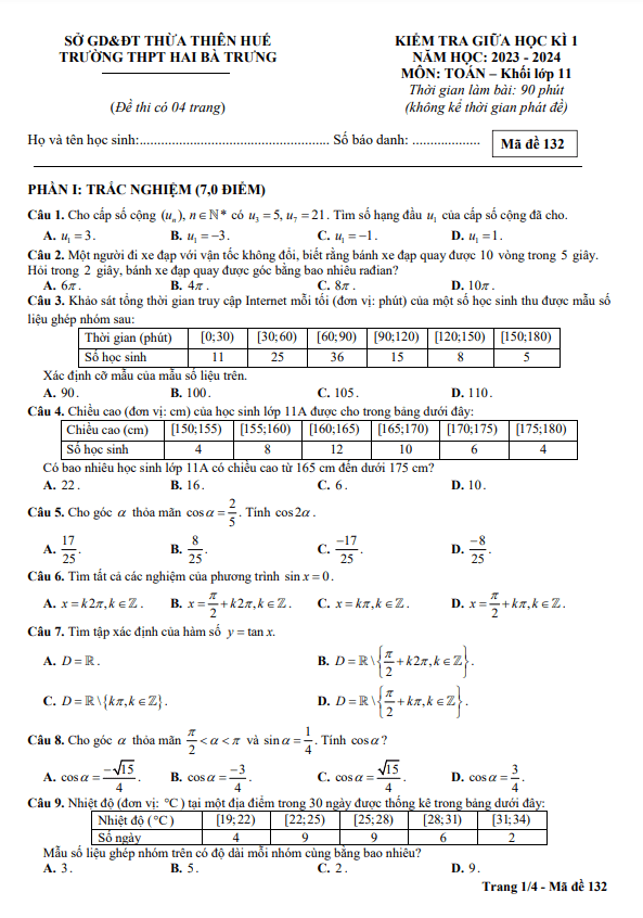 Đề giữa học kì 1 Toán 11 năm 2023 – 2024 trường THPT Hai Bà Trưng – TT Huế