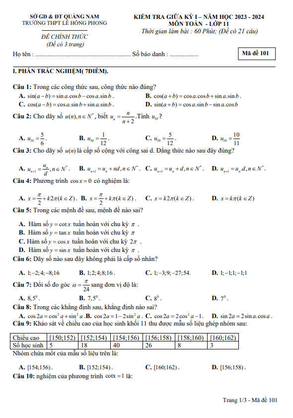 Đề giữa học kì 1 Toán 11 năm 2023 – 2024 trường THPT Lê Hồng Phong – Quảng Nam