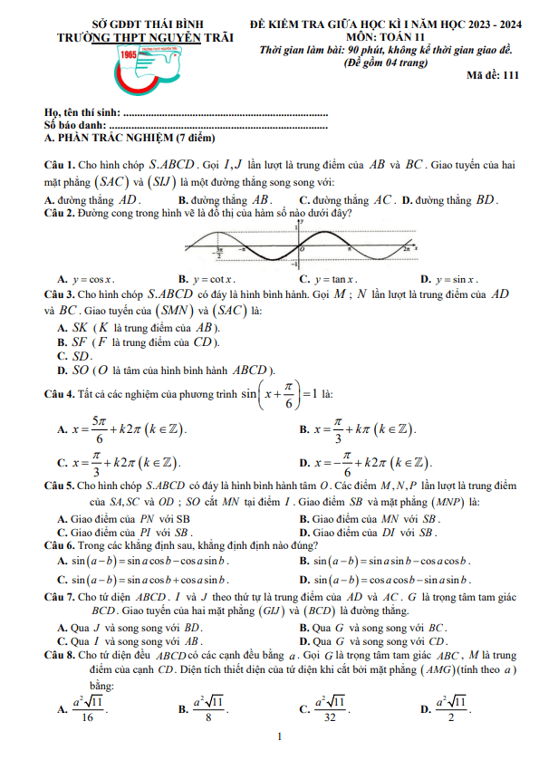 Đề giữa học kì 1 Toán 11 năm 2023 – 2024 trường THPT Nguyễn Trãi – Thái Bình