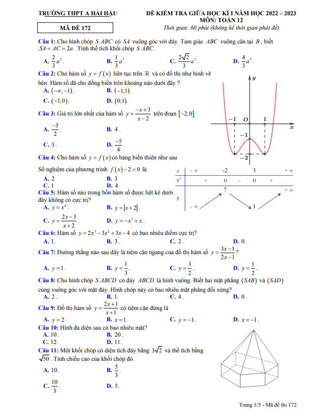 Đề giữa học kì 1 Toán 12 năm 2022 – 2023 trường THPT A Hải Hậu – Nam Định