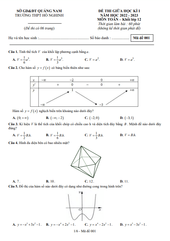Đề giữa học kì 1 Toán 12 năm 2022 – 2023 trường THPT Hồ Nghinh – Quảng Nam