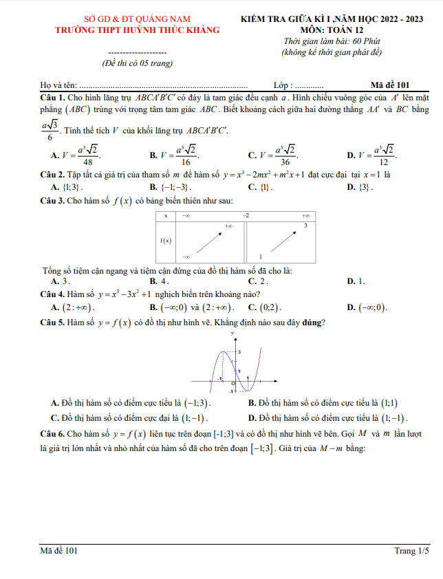 Đề giữa học kì 1 Toán 12 năm 2022 – 2023 trường THPT Huỳnh Thúc Kháng – Quảng Nam