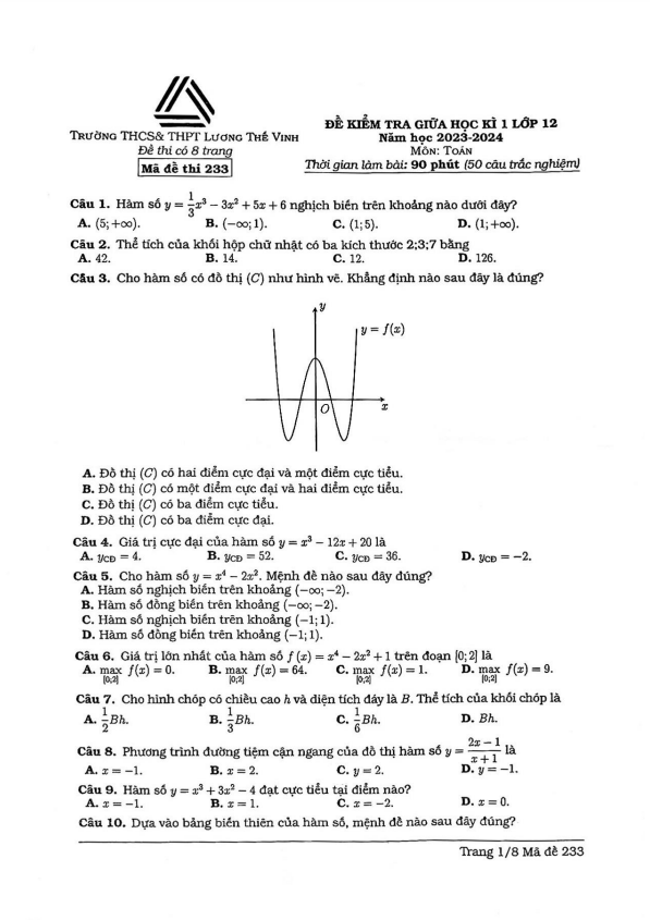 Đề giữa học kì 1 Toán 12 năm 2023 – 2024 trường Lương Thế Vinh – Hà Nội