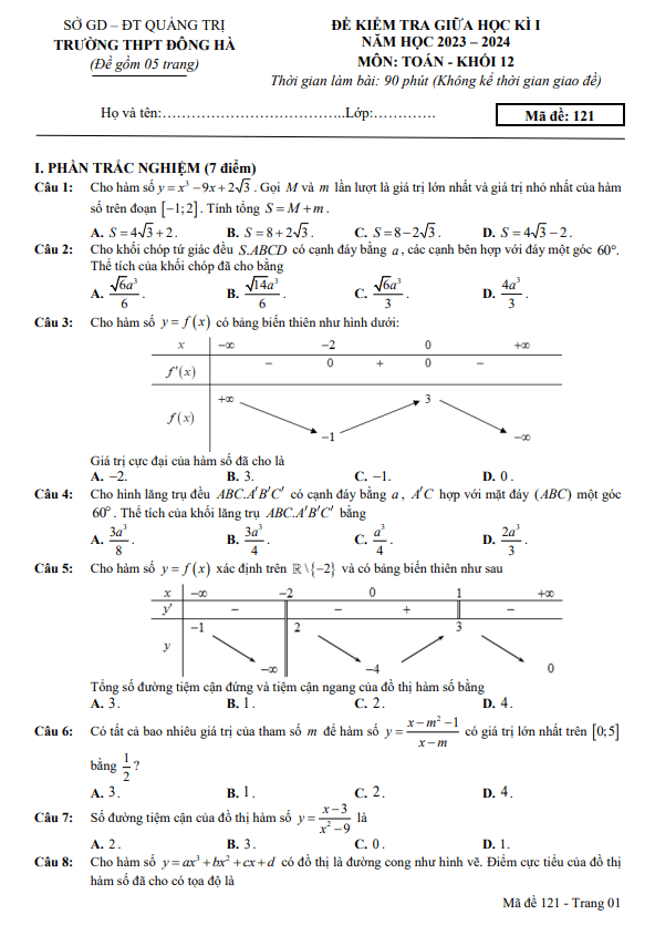 Đề giữa học kì 1 Toán 12 năm 2023 – 2024 trường THPT Đông Hà – Quảng Trị