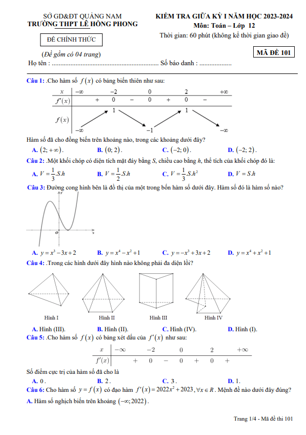 Đề giữa học kì 1 Toán 12 năm 2023 – 2024 trường THPT Lê Hồng Phong – Quảng Nam