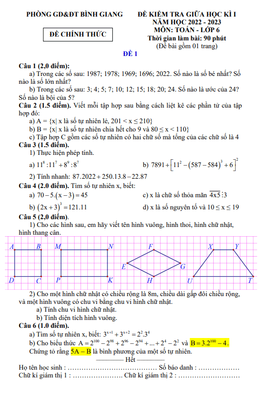 Đề giữa học kì 1 Toán 6 năm 2022 – 2023 phòng GD&ĐT Bình Giang – Hải Dương