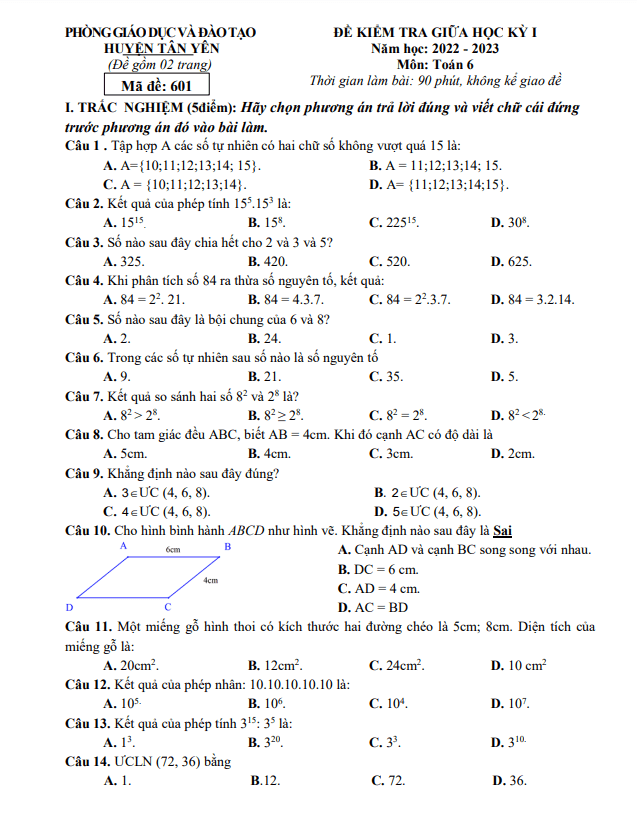 Đề giữa học kì 1 Toán 6 năm 2022 – 2023 phòng GD&ĐT Tân Yên – Bắc Giang