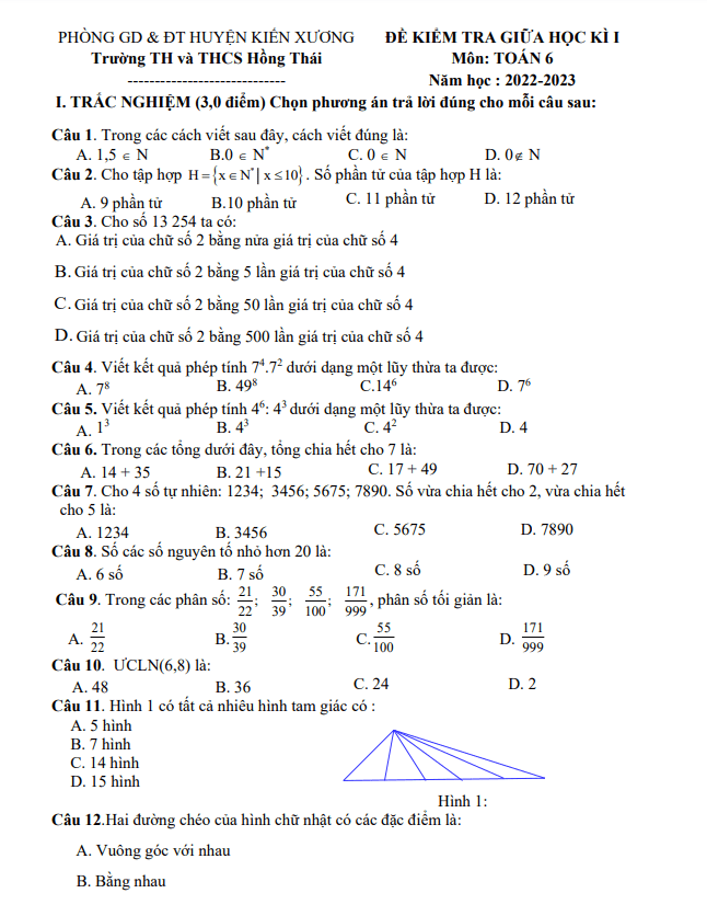 Đề giữa học kì 1 Toán 6 năm 2022 – 2023 trường Hồng Thái – Thái Bình