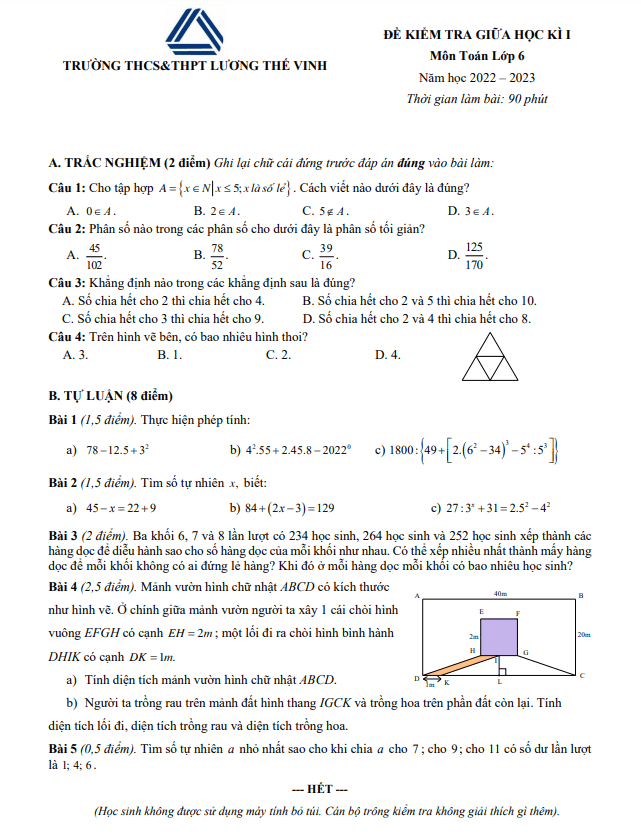 Đề giữa học kì 1 Toán 6 năm 2022 – 2023 trường Lương Thế Vinh – Hà Nội