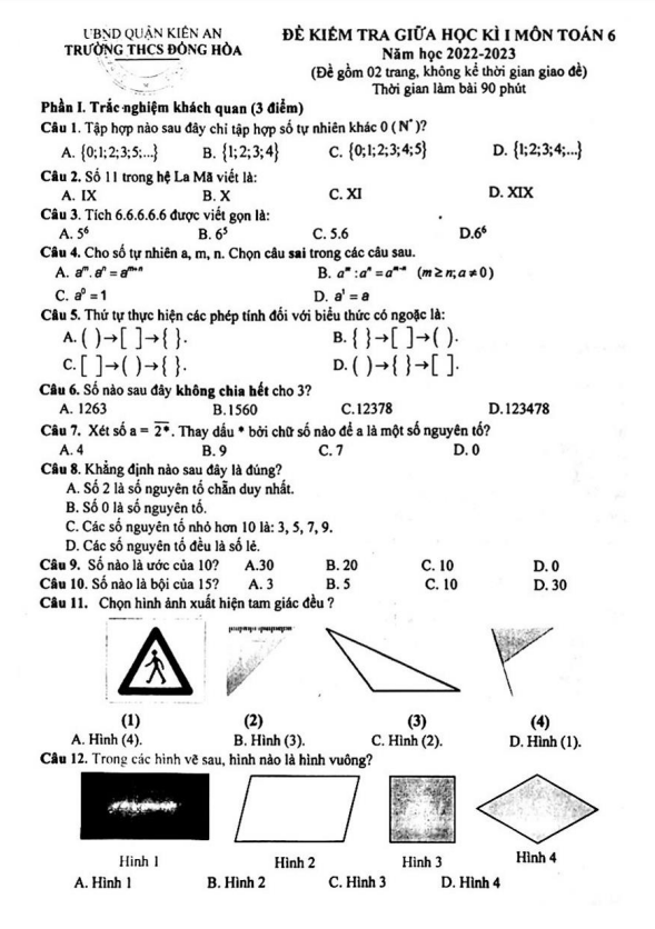Đề giữa học kì 1 Toán 6 năm 2022 – 2023 trường THCS Đồng Hòa – Hải Phòng