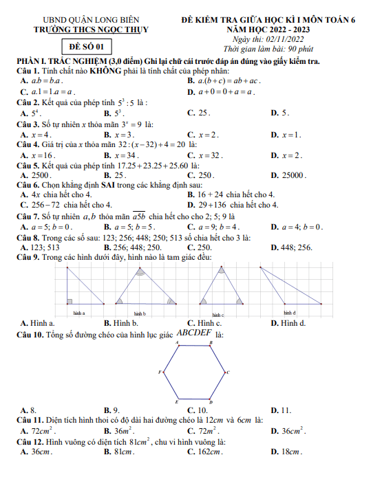 Đề giữa học kì 1 Toán 6 năm 2022 – 2023 trường THCS Ngọc Thụy – Hà Nội