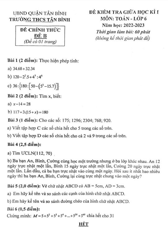 Đề giữa học kì 1 Toán 6 năm 2022 – 2023 trường THCS Tân Bình – TP HCM