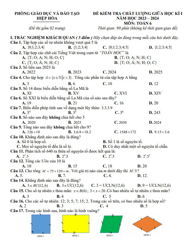 Đề giữa học kì 1 Toán 6 năm 2023 – 2024 phòng GD&ĐT Hiệp Hòa – Bắc Giang