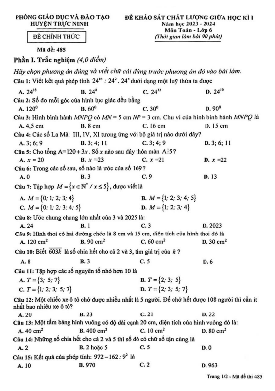 Đề giữa học kì 1 Toán 6 năm 2023 – 2024 phòng GD&ĐT Trực Ninh – Nam Định