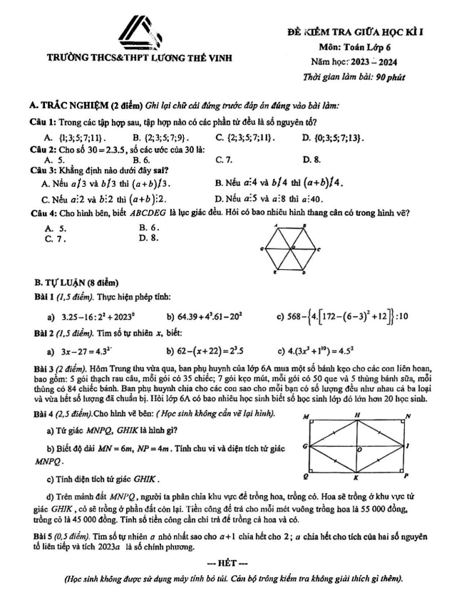 Đề giữa học kì 1 Toán 6 năm 2023 – 2024 trường Lương Thế Vinh – Hà Nội