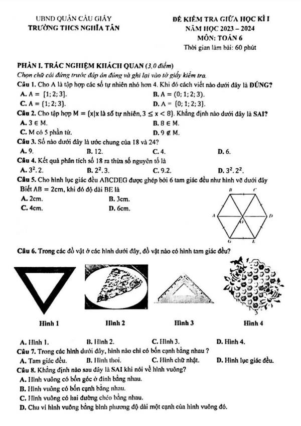 Đề giữa học kì 1 Toán 6 năm 2023 – 2024 trường THCS Nghĩa Tân – Hà Nội