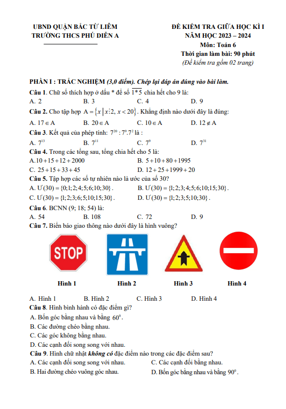Đề giữa học kì 1 Toán 6 năm 2023 – 2024 trường THCS Phú Diễn A – Hà Nội