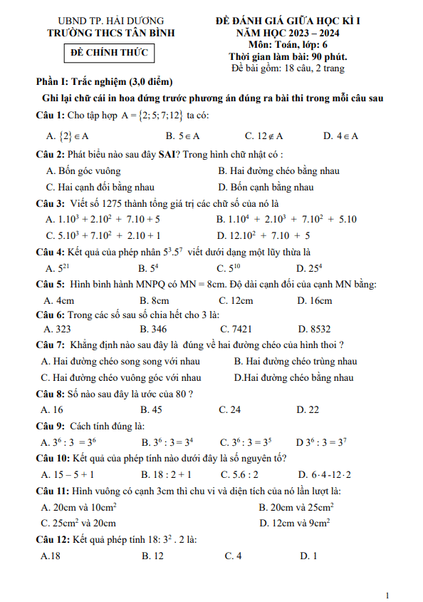Đề giữa học kì 1 Toán 6 năm 2023 – 2024 trường THCS Tân Bình – Hải Dương