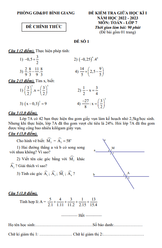 Đề giữa học kì 1 Toán 7 năm 2022 – 2023 phòng GD&ĐT Bình Giang – Hải Dương
