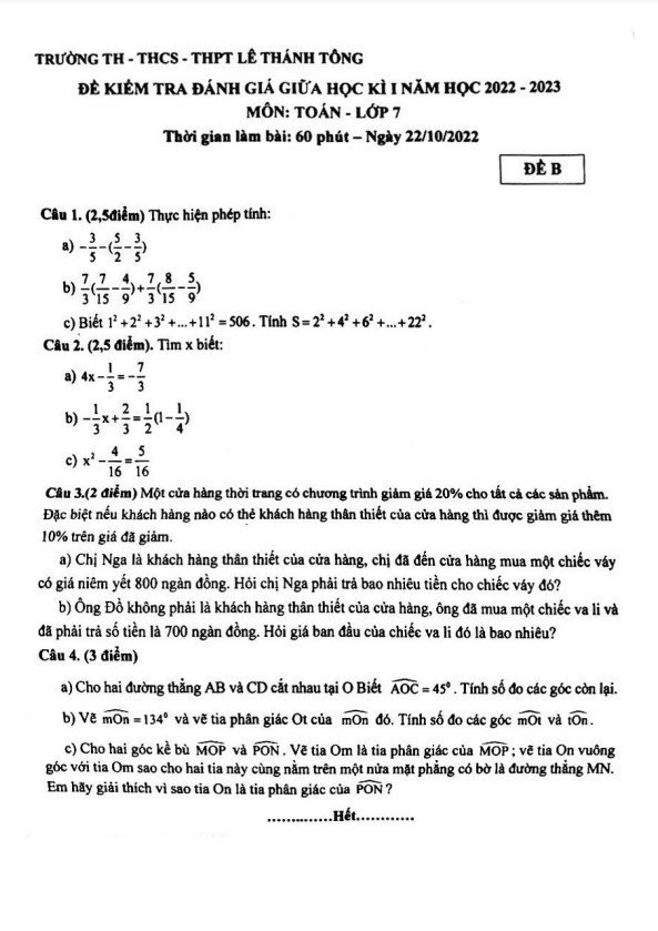 Đề giữa học kì 1 Toán 7 năm 2022 – 2023 trường Lê Thánh Tông – TP HCM