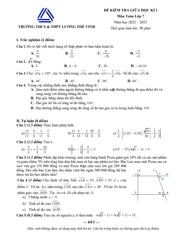 Đề giữa học kì 1 Toán 7 năm 2022 – 2023 trường Lương Thế Vinh – Hà Nội