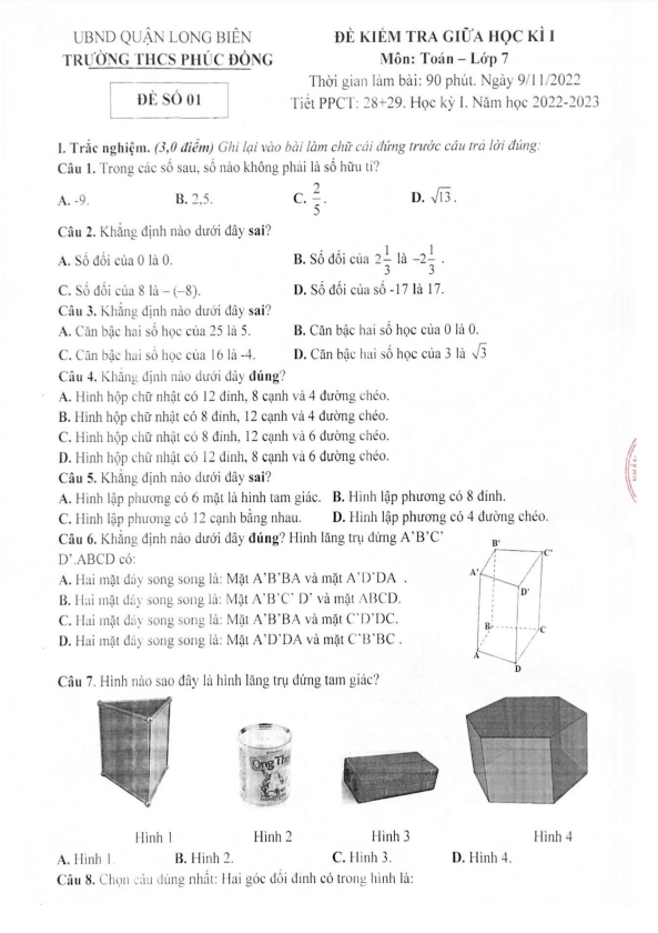 Đề giữa học kì 1 Toán 7 năm 2022 – 2023 trường THCS Phúc Đồng – Hà Nội