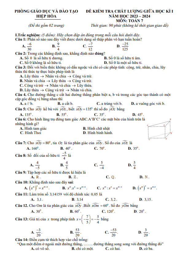 Đề giữa học kì 1 Toán 7 năm 2023 – 2024 phòng GD&ĐT Hiệp Hòa – Bắc Giang
