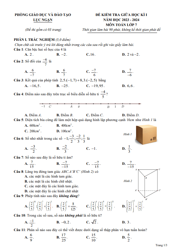 Đề giữa học kì 1 Toán 7 năm 2023 – 2024 phòng GD&ĐT Lục Ngạn – Bắc Giang