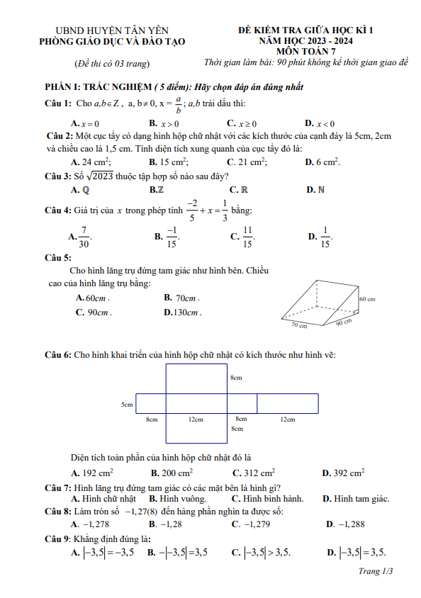 Đề giữa học kì 1 Toán 7 năm 2023 – 2024 phòng GD&ĐT Tân Yên – Bắc Giang