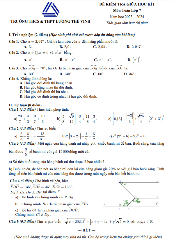 Đề giữa học kì 1 Toán 7 năm 2023 – 2024 trường Lương Thế Vinh – Hà Nội