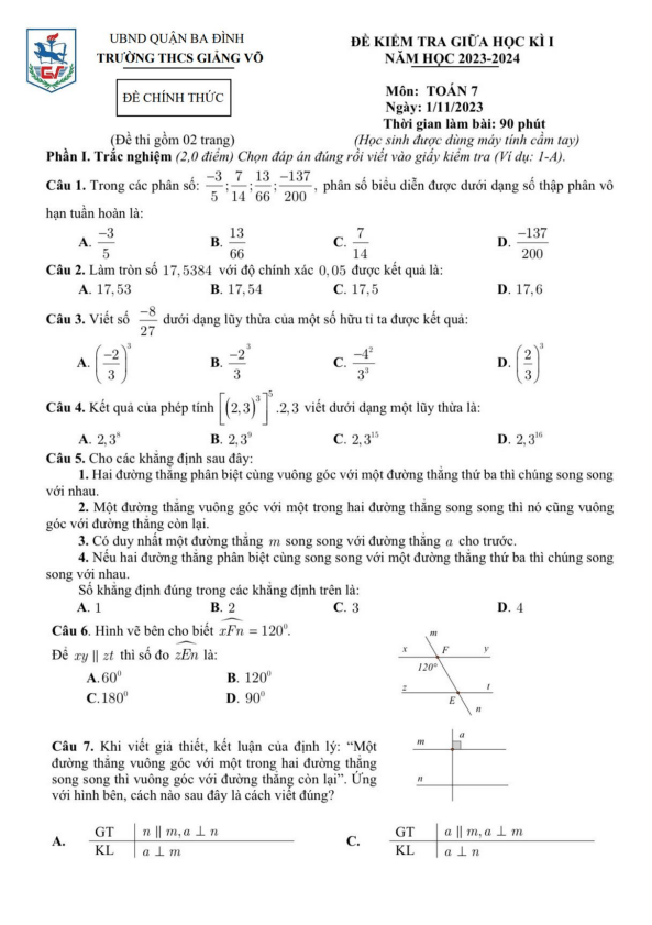 Đề giữa học kì 1 Toán 7 năm 2023 – 2024 trường THCS Giảng Võ – Hà Nội