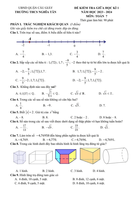 Đề giữa học kì 1 Toán 7 năm 2023 – 2024 trường THCS Nghĩa Tân – Hà Nội