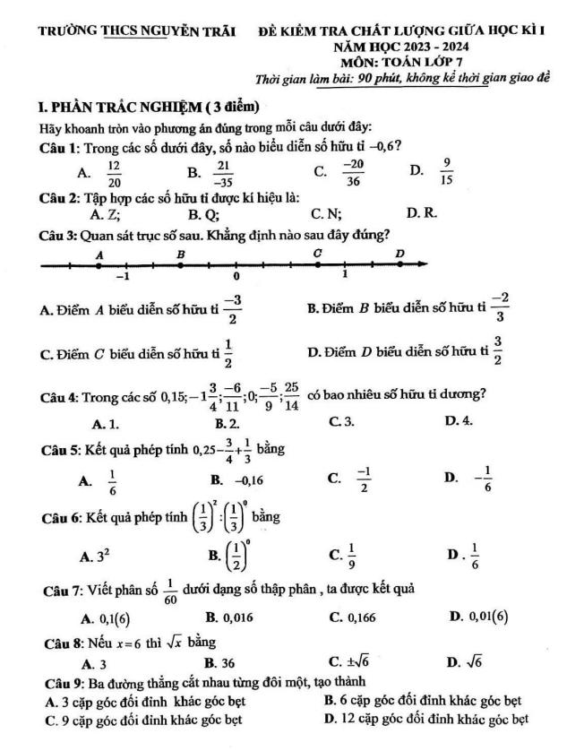 Đề giữa học kì 1 Toán 7 năm 2023 – 2024 trường THCS Nguyễn Trãi – Hà Nội