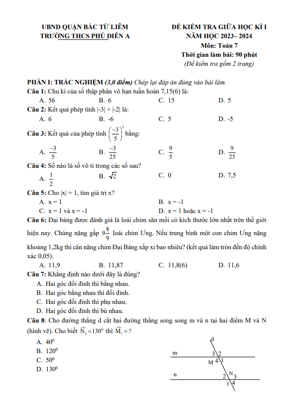 Đề giữa học kì 1 Toán 7 năm 2023 – 2024 trường THCS Phú Diễn A – Hà Nội