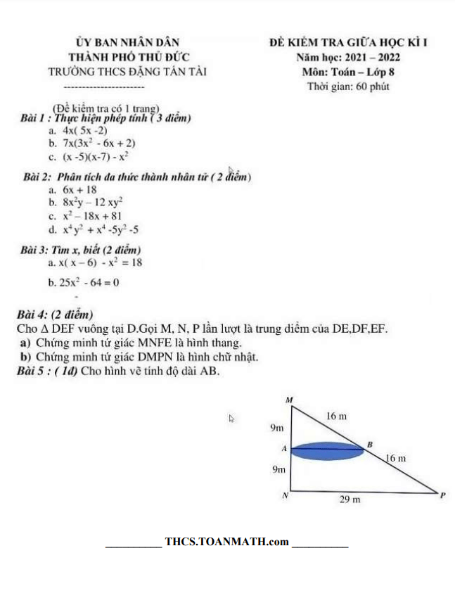 Đề giữa học kì 1 Toán 8 năm 2021 – 2022 trường THCS Đặng Tấn Tài – TP HCM