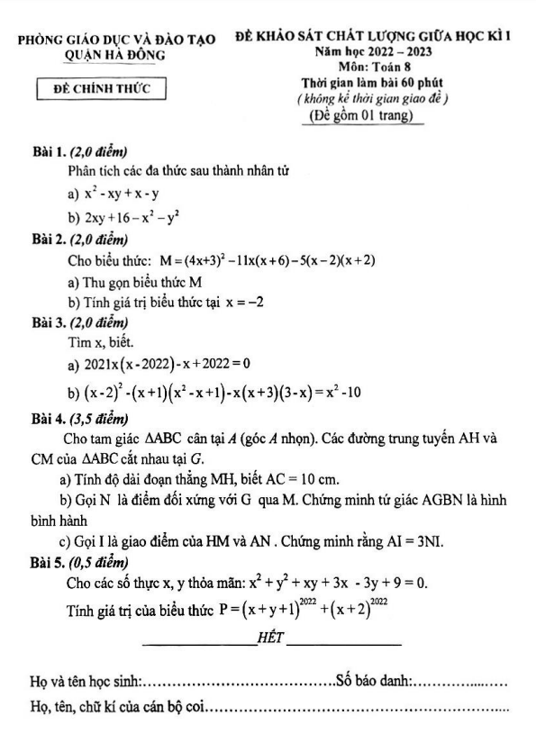Đề giữa học kì 1 Toán 8 năm 2022 – 2023 phòng GD&ĐT Hà Đông – Hà Nội