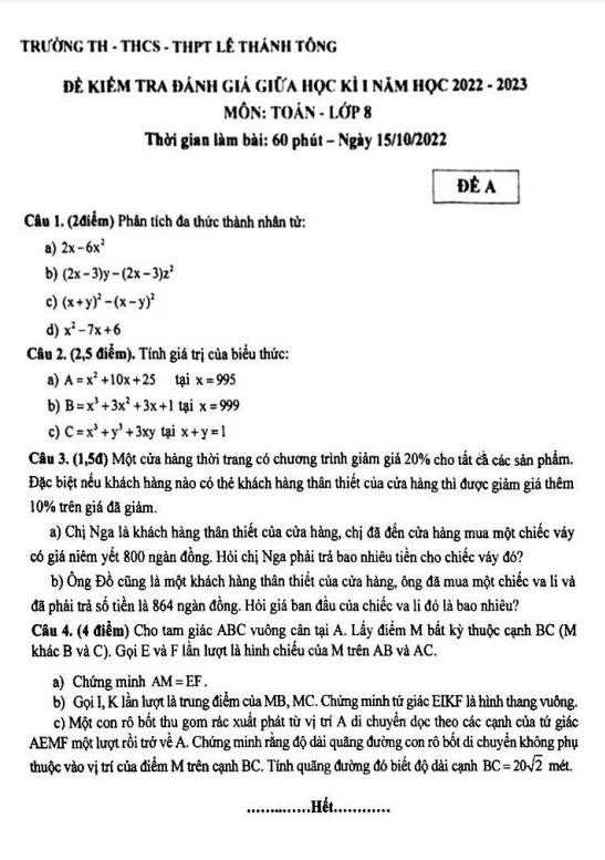 Đề giữa học kì 1 Toán 8 năm 2022 – 2023 trường Lê Thánh Tông – TP HCM