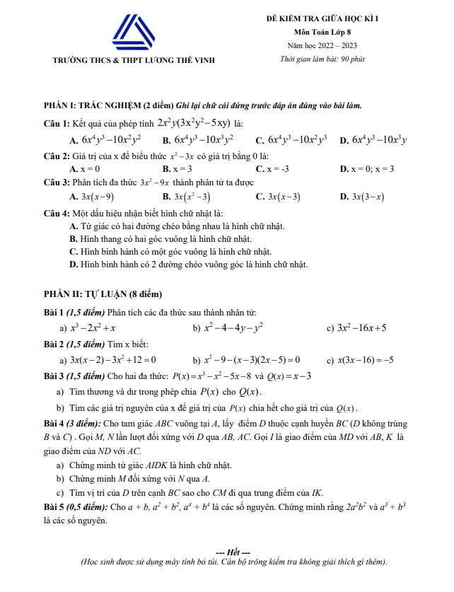 Đề giữa học kì 1 Toán 8 năm 2022 – 2023 trường Lương Thế Vinh – Hà Nội