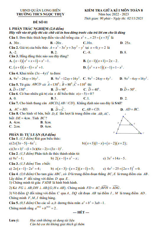 Đề giữa học kì 1 Toán 8 năm 2022 – 2023 trường THCS Ngọc Thụy – Hà Nội