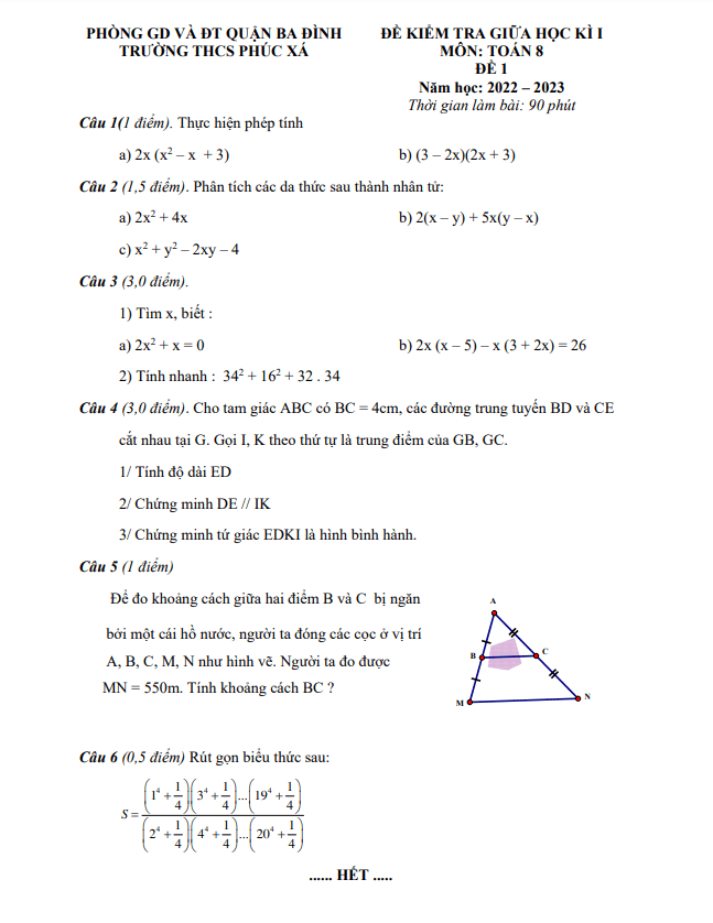 Đề giữa học kì 1 Toán 8 năm 2022 – 2023 trường THCS Phúc Xá – Hà Nội