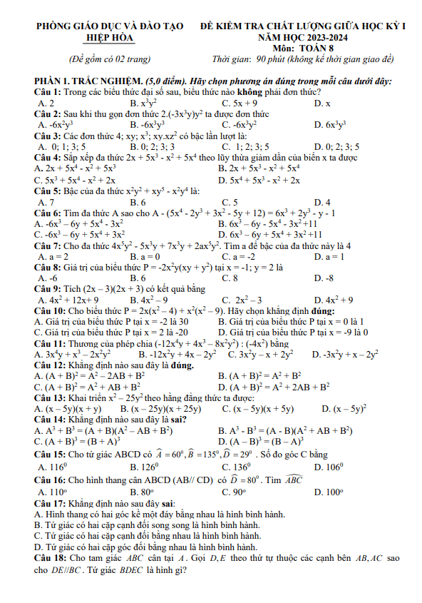 Đề giữa học kì 1 Toán 8 năm 2023 – 2024 phòng GD&ĐT Hiệp Hòa – Bắc Giang