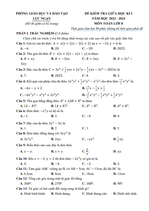 Đề giữa học kì 1 Toán 8 năm 2023 – 2024 phòng GD&ĐT Lục Ngạn – Bắc Giang